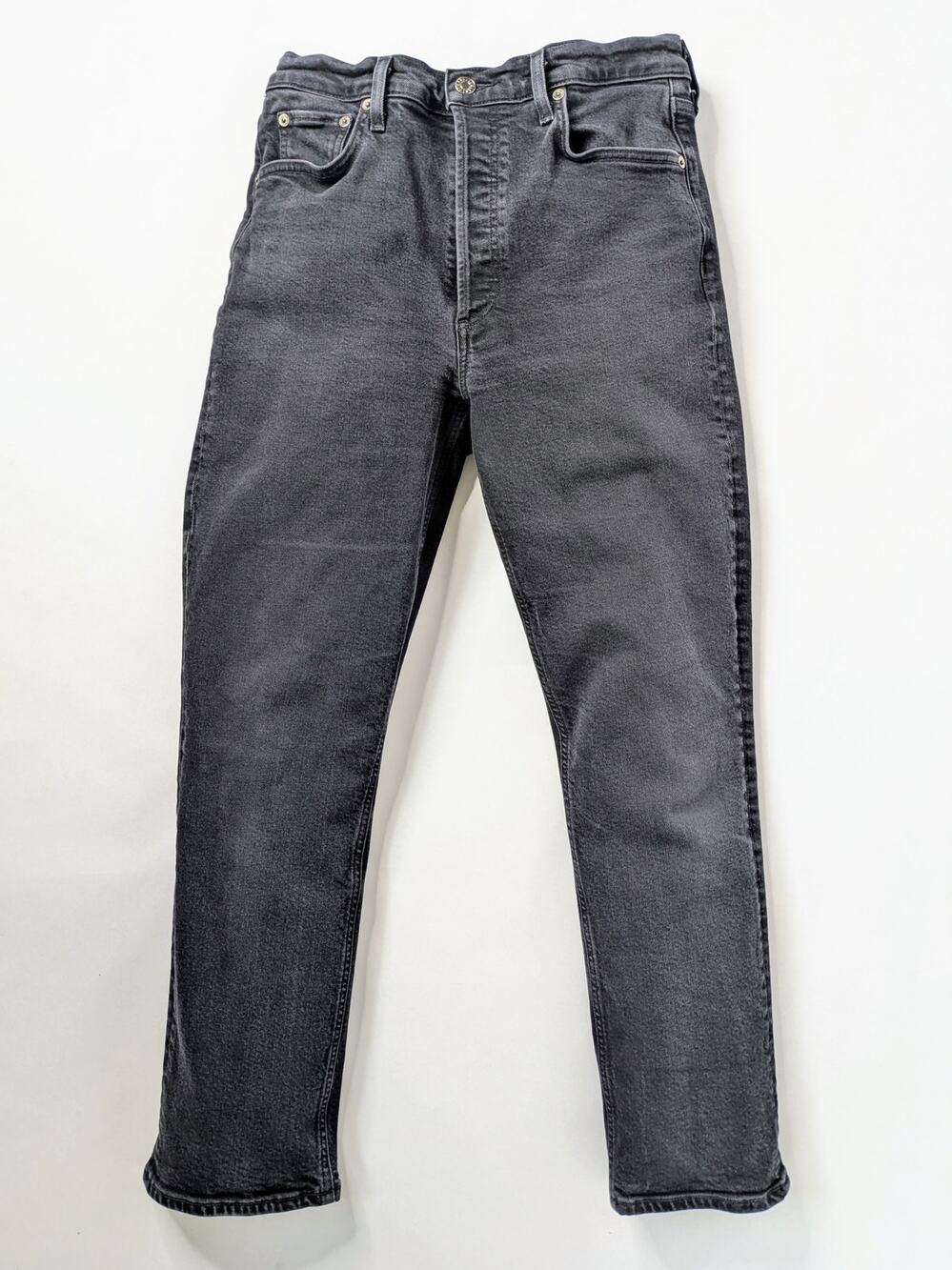 Agolde Riley Long High Rise Straight Jeans 28 Charcoal Black Button Fly Stretch